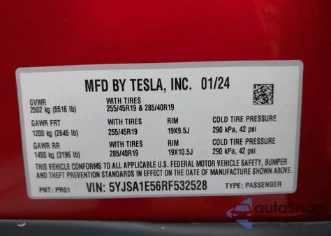 2024 Tesla Model S Long Range from USA, damaged, VIN 5YJSA1E56RF532528